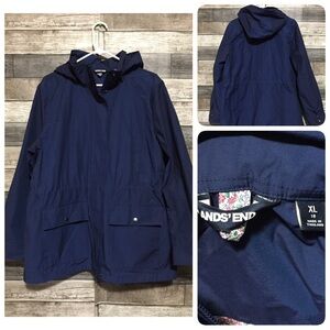 Lands End Windbreaker Jacket Women’s XL (18) Blue Full Zip Snap Removable Hood